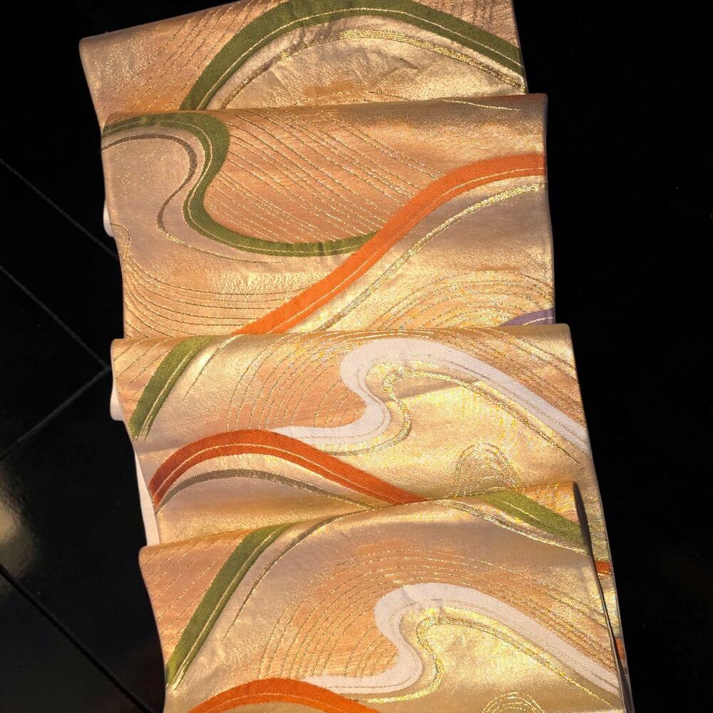 VTG Japanese Fukuro Obi Gold Metallic Brocade Silk 162" Kimono Sash Wall Hanging - Picture 5 of 13